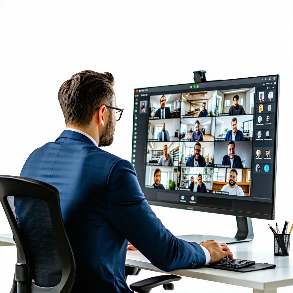 A manufacturing and industrial ceo behind his desk viewing the screen on a video call white background and lighter colors A manufacturing and industrial ceo behind his desk viewing the screen on a video call white background and lighter colors