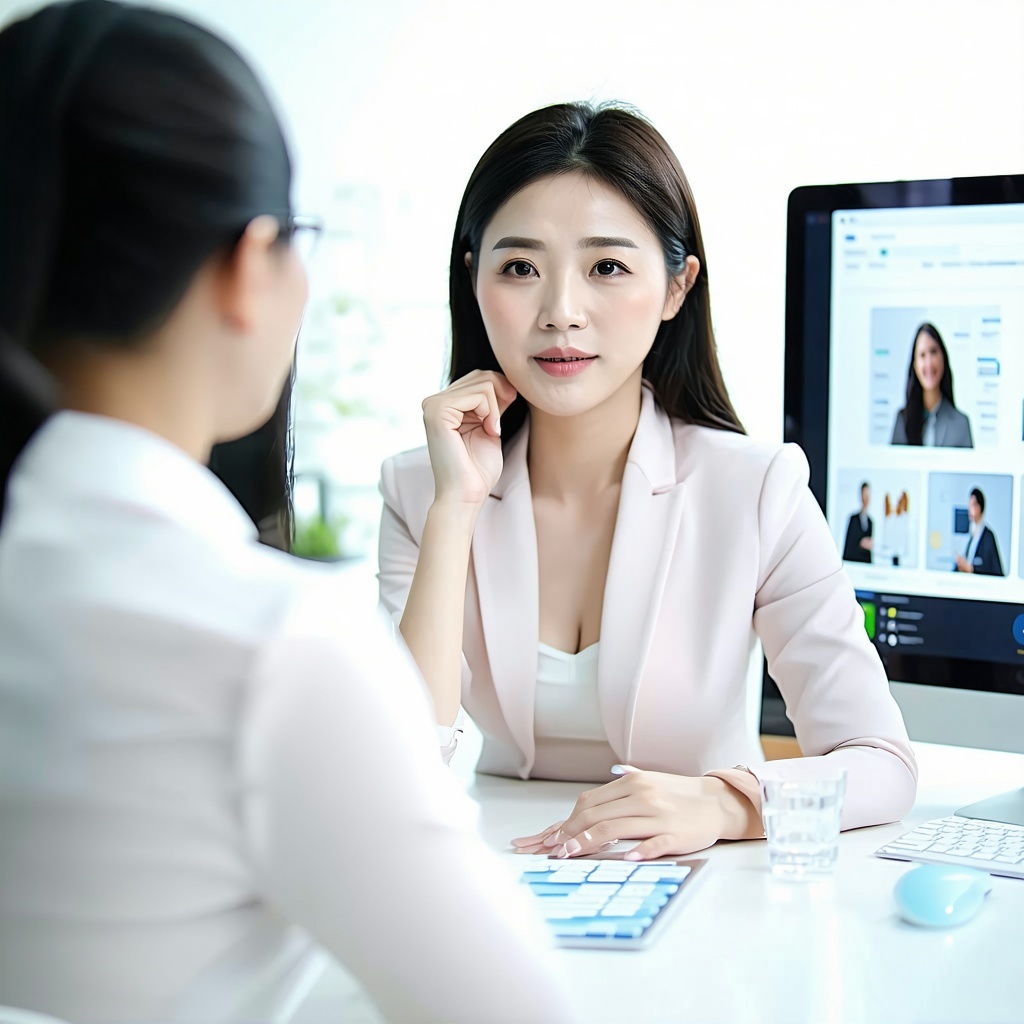 Asian woman is having a video conference in professional services fieldbg whiteobj color lighter Asian woman is having a video conference in professional services fieldbg whiteobj color lighter