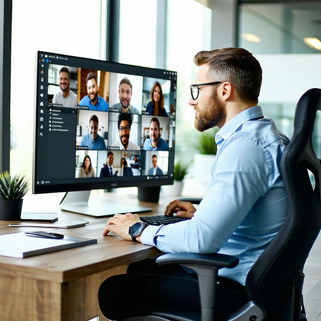 Show a construction company executive in his office facing the computer and have a video conference on itbg whiteobj color lighter Show a construction company executive in his office facing the computer and have a video conference on itbg whiteobj color lighter