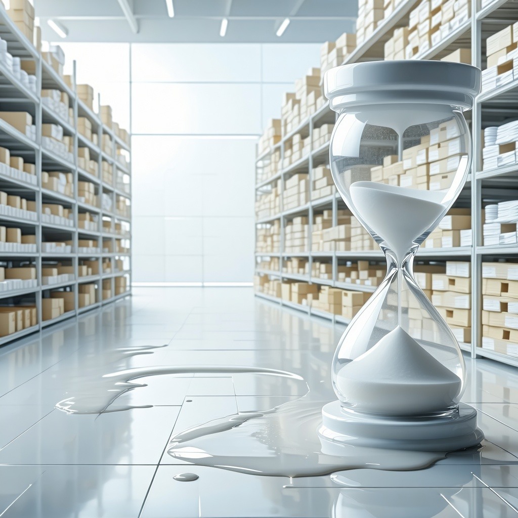 Theme JustinTime JIT Risks in manufacturing  industrialbk white onlyobject bg whiter and lighter colorsobject well stocked backup inventory and a hourglass is leaking from bottom-Apr-20-2025-10-10-51-4719-AM