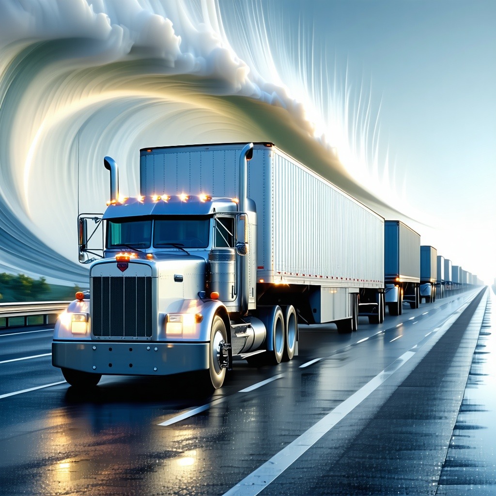 Theme Logistics Bottlenecks in manufacturing  industrialbk white onlyobject bg whiter and lighter colorsobject freight trucks with cargo shock wave packed on the highway