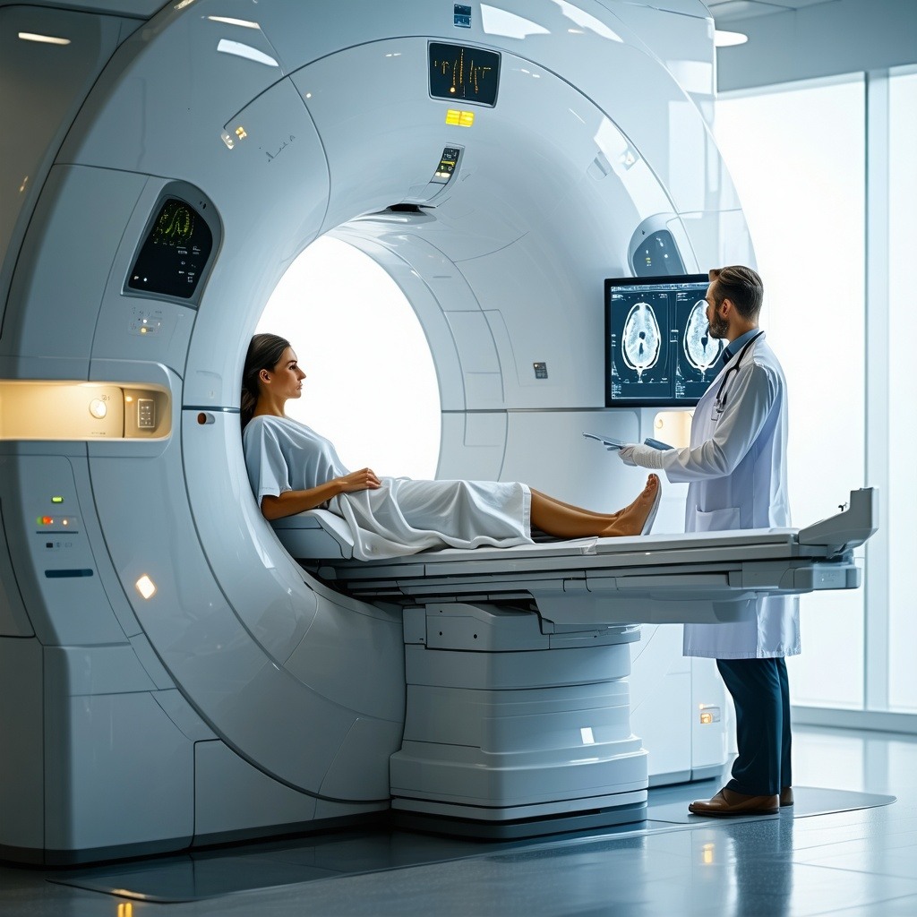 patient going through a mri machine  dr analyzing it on screenbg all white object colors use ligther whiter colors-3