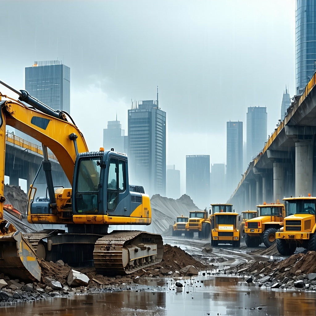 show delays rainfall on a construction site all crew gone equpmentment stowed and parkedbg whiteobj colot lighter-1 show delays rainfall on a construction site all crew gone equpmentment stowed and parkedbg whiteobj colot lighter-1