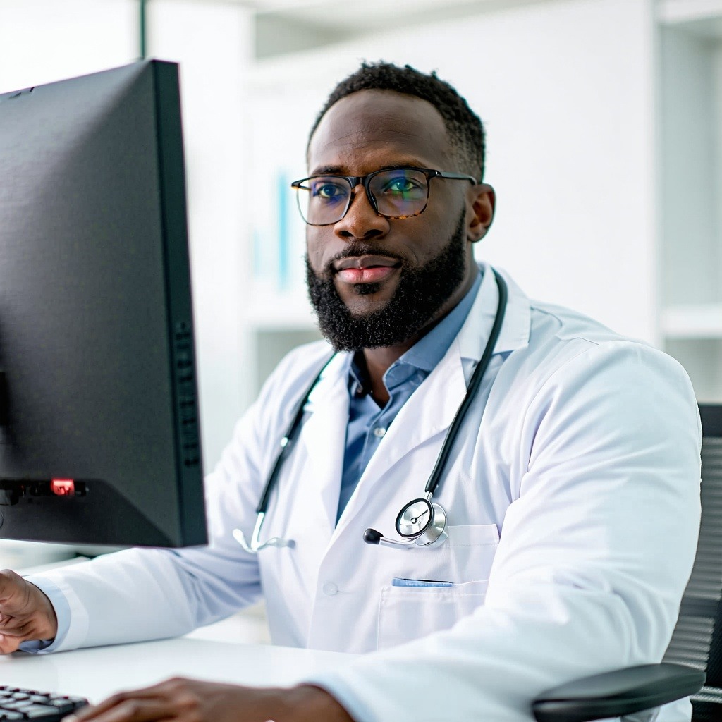 theme How We Can Help in health care and med techbk frame color white onlyobject bk color white and lighter colorsObject male doctor behind the computer desk on a video call-1