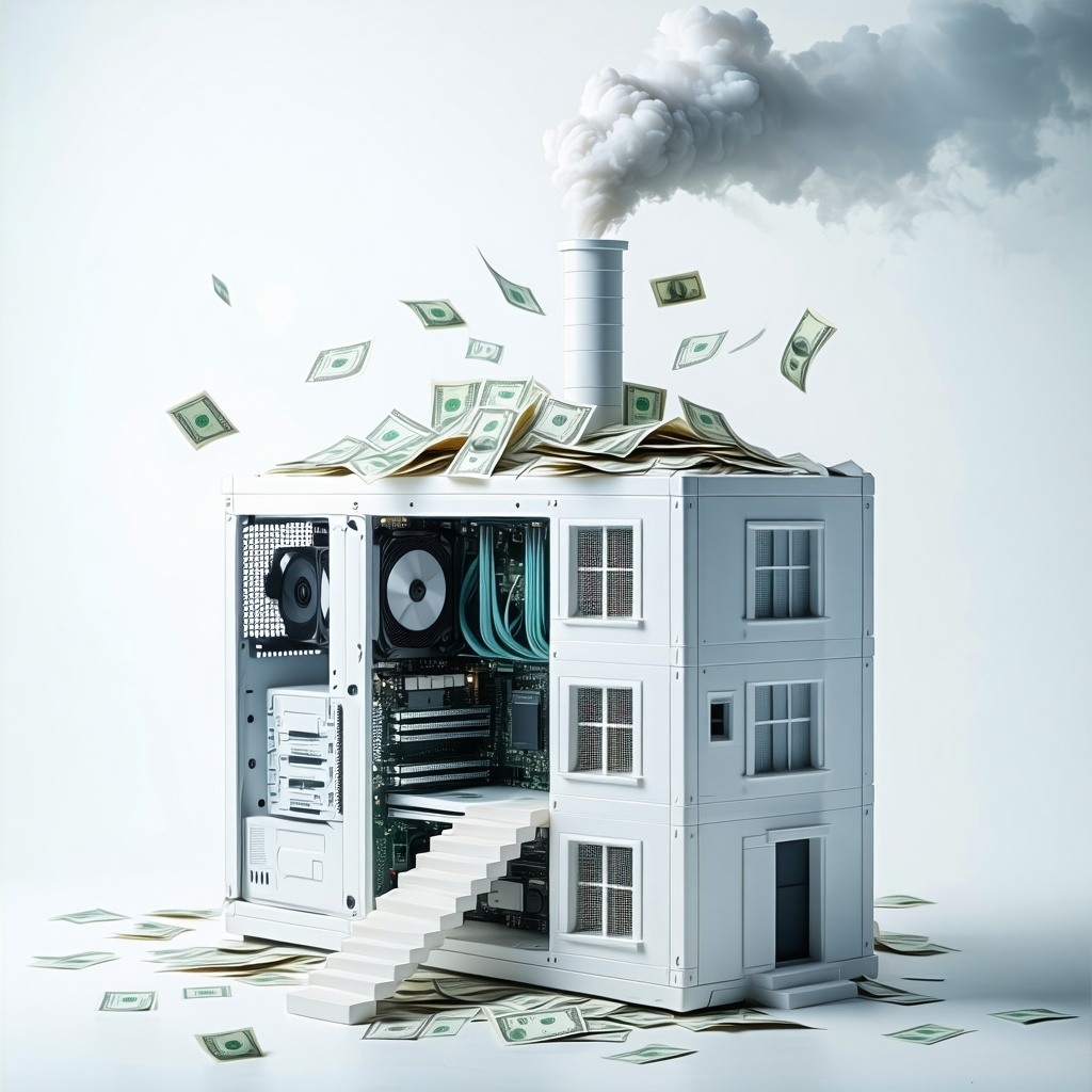 theme burn rate pressure in the technology and software industry for executivesBackground bright white onlyobject a building made of a computer tower case with a chimney with smoke made of cash-Apr-16-2025-10-35-15-6410-PM