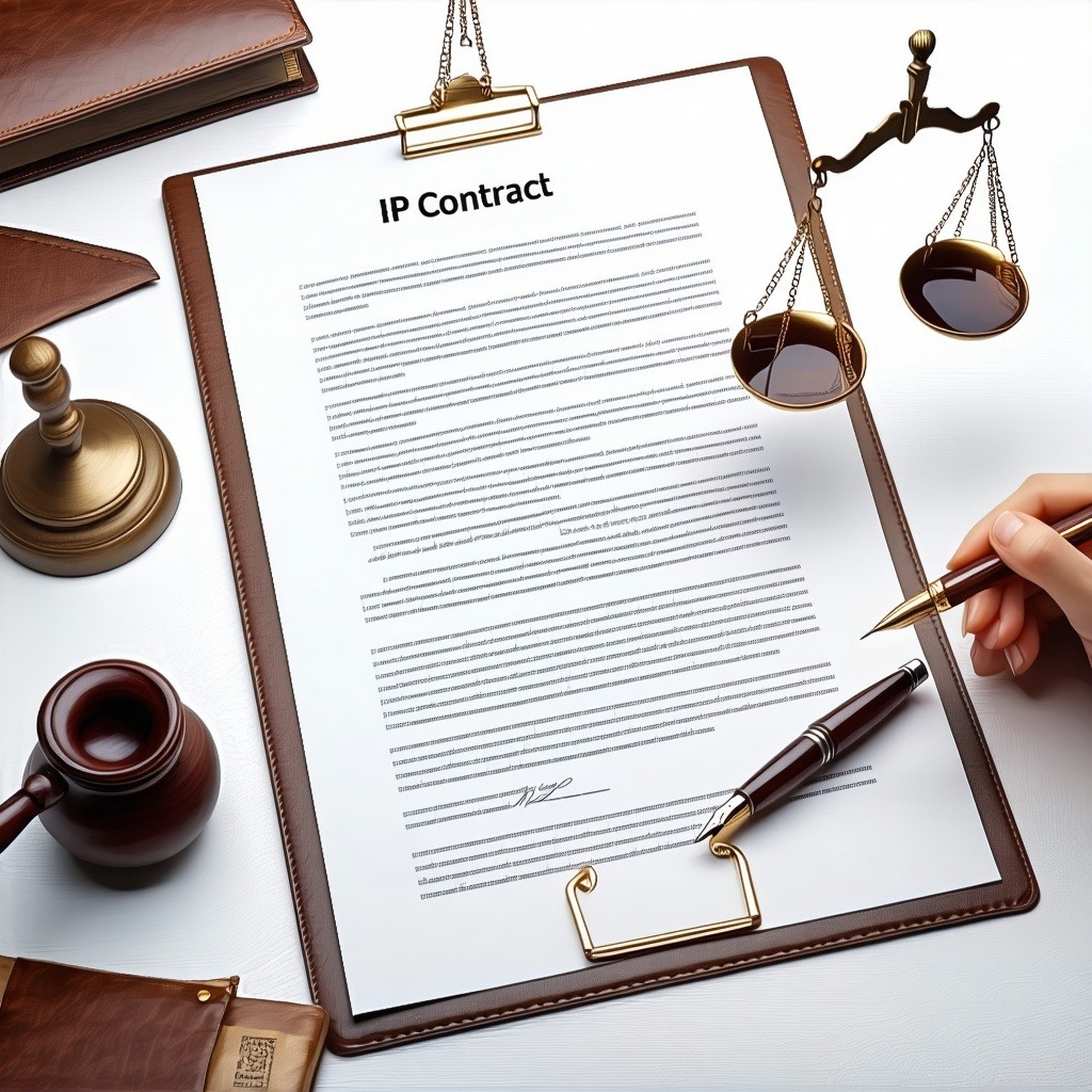 theme complex legal  IP issues in the technology and software industry for executivesBackground bright white only  use mostly whitesobject IP contract open leather folder along with a justice balance on the side and ink pot and fountain pen