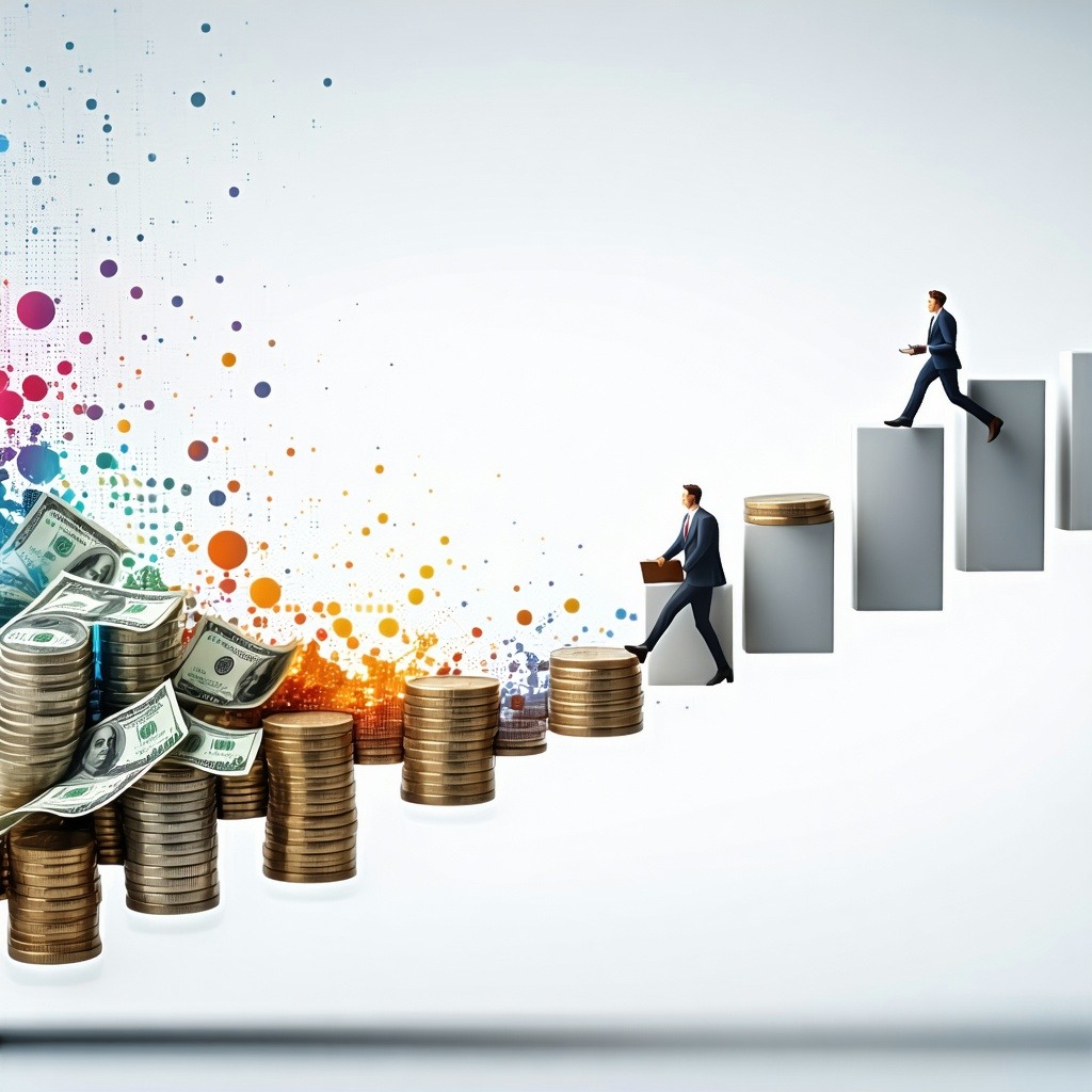 theme equity vs debt dilemma in the technology and software industry for executivesBackground back drop and frame has to be white only and colors mainly used should be white or lighter colors body image should be of equity stocks going down of the ow-3
