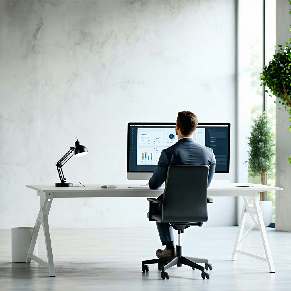 theme how can we help in the technology and software industry for executivesBackground backdrop and frame have to be white only and colors mainly used should be white or lighter colors body video conference person behind the desk viewing a screen-1