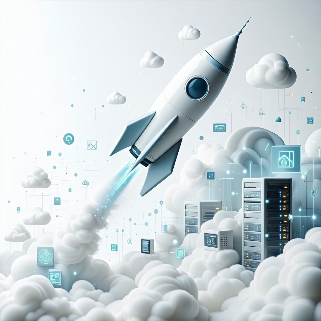 theme infrastructure scaleups in the technology and software industry for executivesBackground bright white only  use mostly whitesobject tech icon rocket flying up through cloud server icons-3