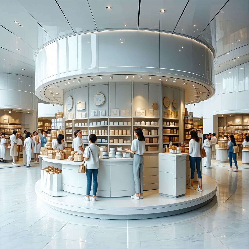 theme multiple sales channels to manage in ecommerce and brick  mortar onlinebg  frame color should be white onlyobject bg color lighter shades of grey  white colorsobject round kiosk full of customers with mulitple sales person and alot of goods