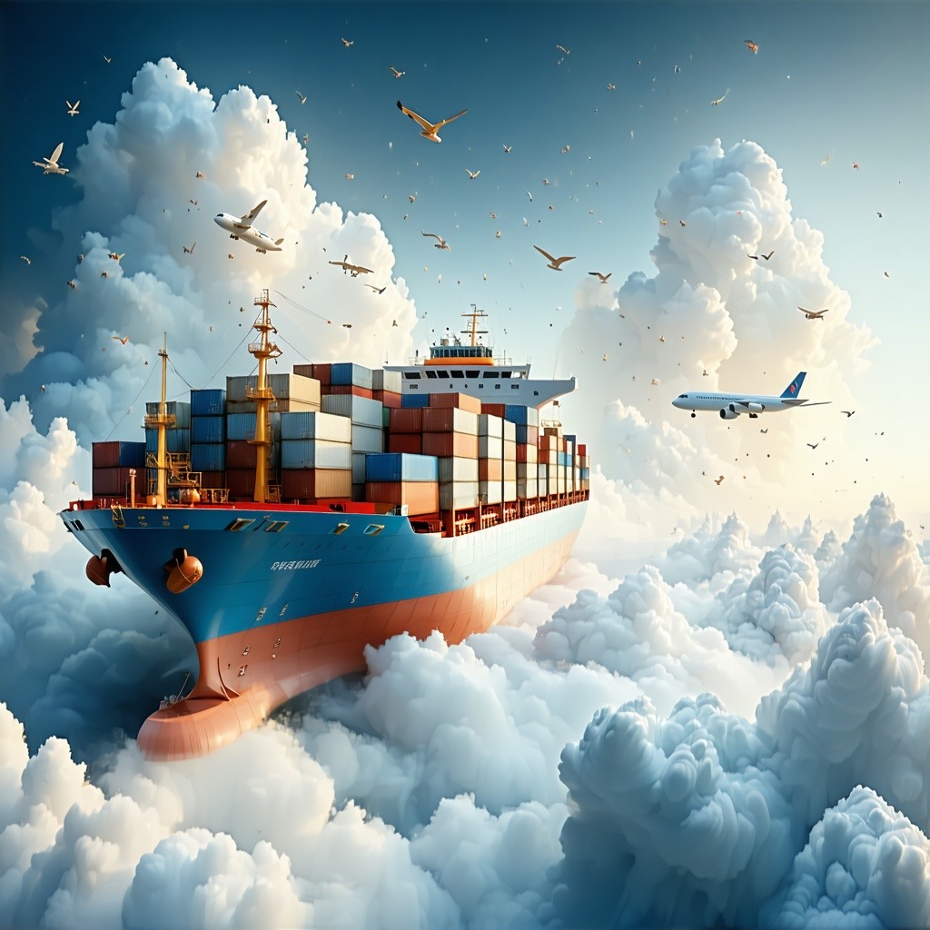 theme rising  fullfillment fees in ecommerce and brick  mortar onlinebg  frame color white onlyobject bg color lighter colorsobject cargo ship with stocks flying in the sky where products are clouds-1